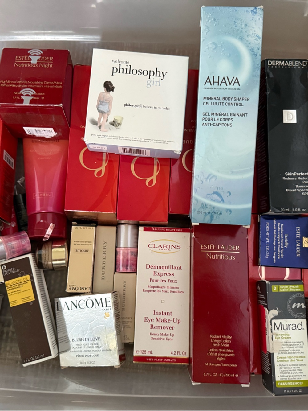Cosmetics box- Lancome, Murad, Clarin, phelosophy, Burberry, ester Lauder